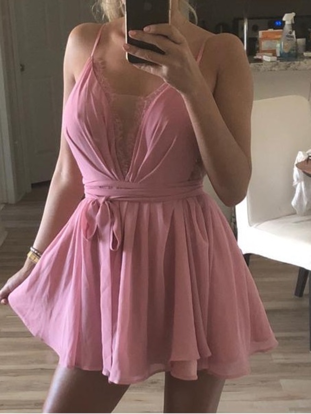 Michael Costello Dusty Pink V-Neck Mini Dress with Tie Waist